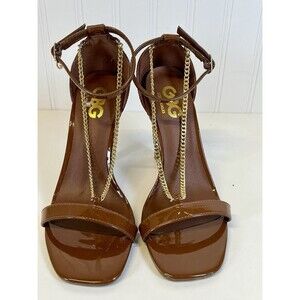 GBG - LA Gold Chain Sexy Stiletto Brown Patent Strappy Open‎ Toe Shoe . Sz. 7M